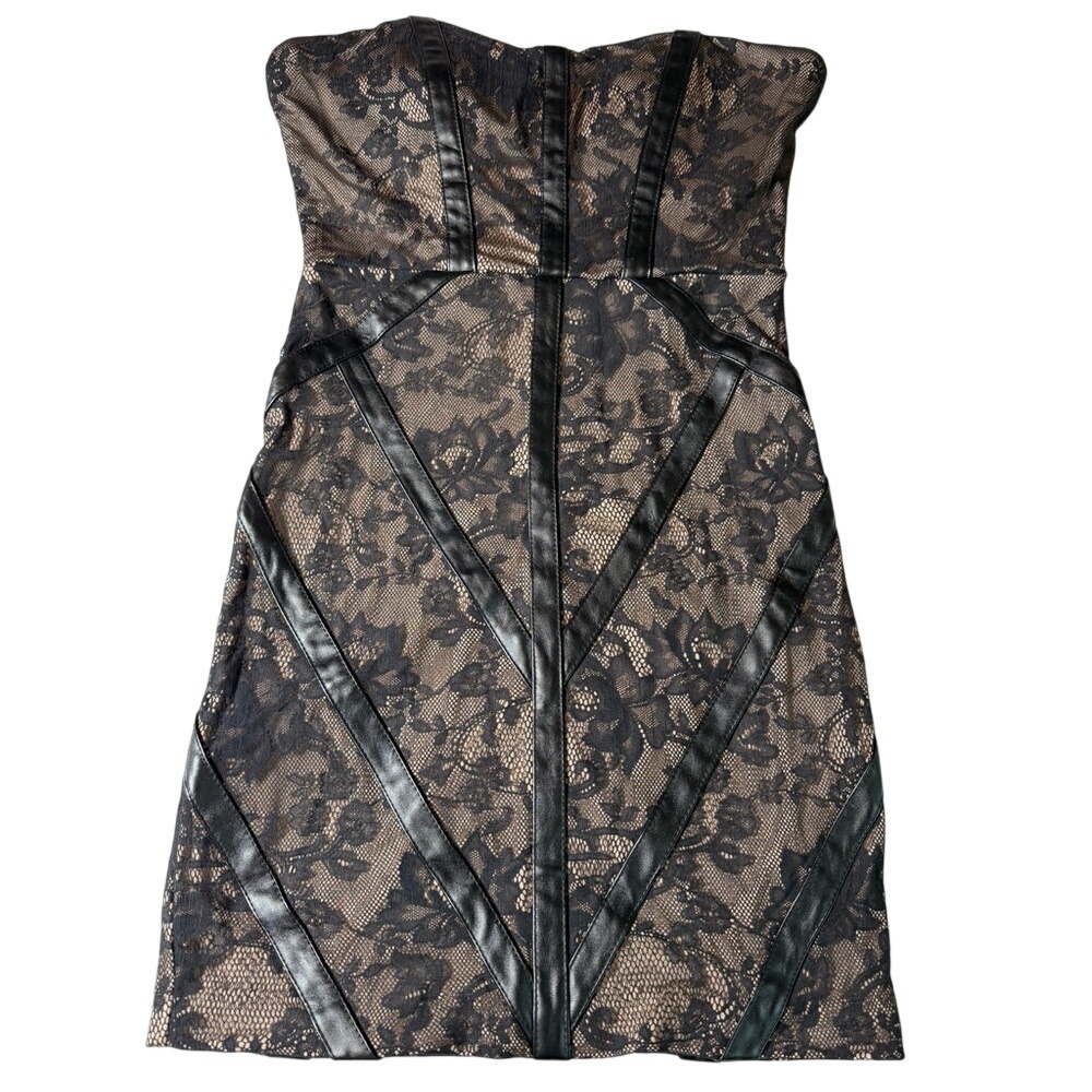 bebe Strapless Black Lace Overlay Dress with Nude Lining